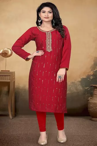 Maroon color vichitra silk blend round neck embroidered kurti