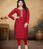 Maroon color vichitra silk blend round neck embroidered kurti
