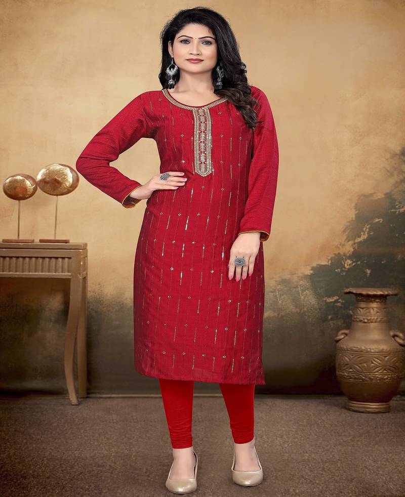 Maroon color vichitra silk blend round neck embroidered kurti