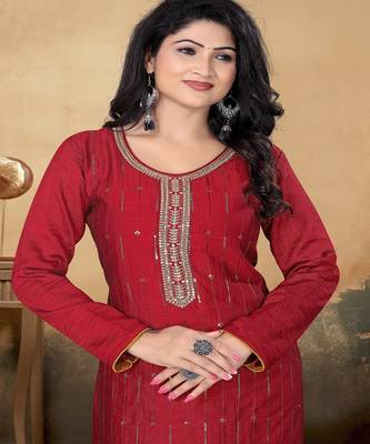 Maroon color vichitra silk blend round neck embroidered kurti 2