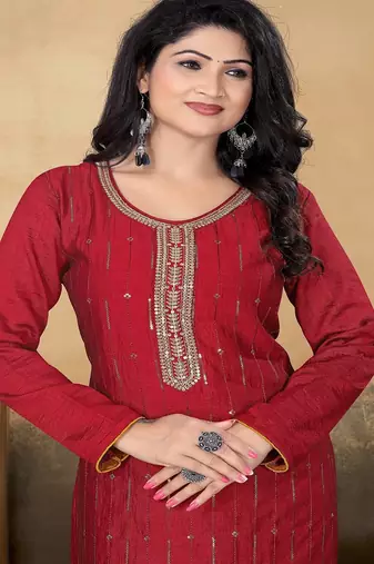 Maroon color vichitra silk blend round neck embroidered kurti