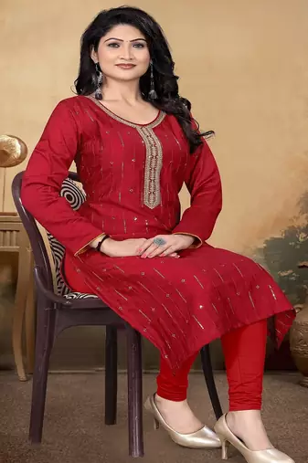 Maroon color vichitra silk blend round neck embroidered kurti