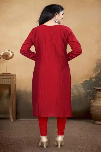Maroon color vichitra silk blend round neck embroidered kurti