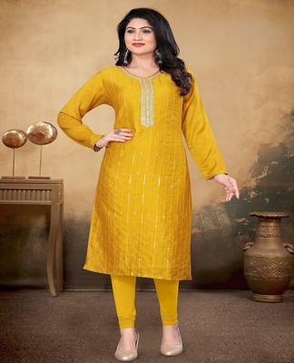 Musturd color vichitra silk blend round neck embroidered kurti 1