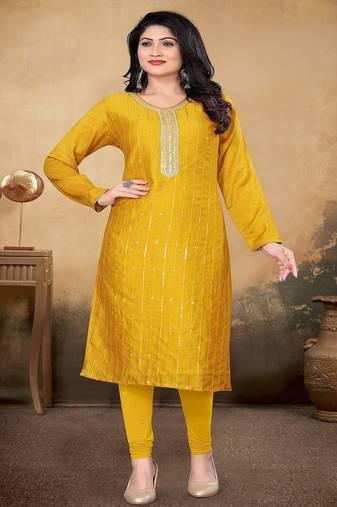 Musturd color vichitra silk blend round neck embroidered kurti