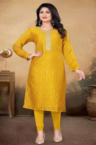 Musturd color vichitra silk blend round neck embroidered kurti
