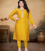 Musturd color vichitra silk blend round neck embroidered kurti