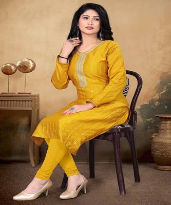 Musturd color vichitra silk blend round neck embroidered kurti 2