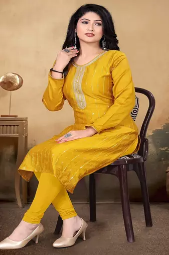 Musturd color vichitra silk blend round neck embroidered kurti