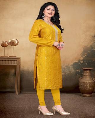 Musturd color vichitra silk blend round neck embroidered kurti 3