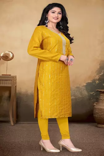 Musturd color vichitra silk blend round neck embroidered kurti