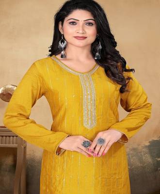 Musturd color vichitra silk blend round neck embroidered kurti 4