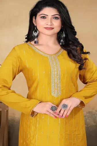 Musturd color vichitra silk blend round neck embroidered kurti