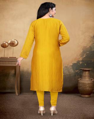 Musturd color vichitra silk blend round neck embroidered kurti 5