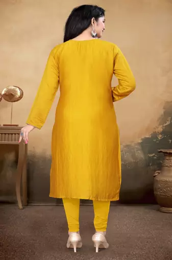 Musturd color vichitra silk blend round neck embroidered kurti