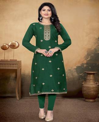 Green color vichitra silk blend round neck embroidered kurti 1
