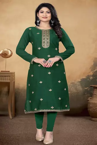 Green color vichitra silk blend round neck embroidered kurti
