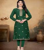 Green color vichitra silk blend round neck embroidered kurti