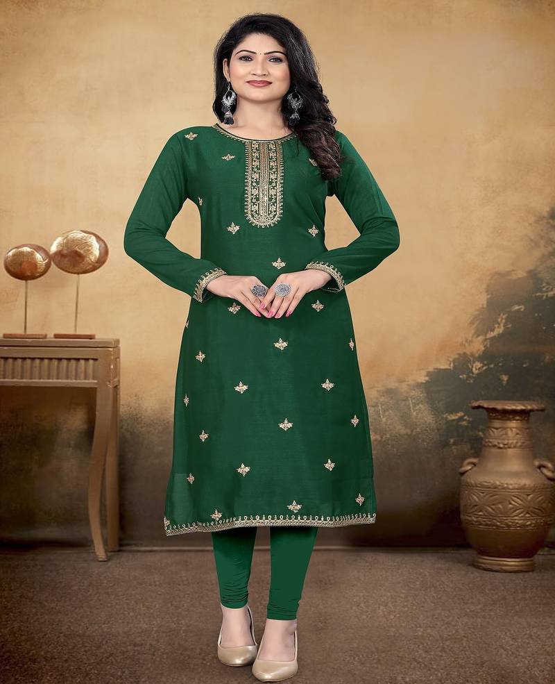 Green color vichitra silk blend round neck embroidered kurti