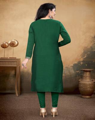 Green color vichitra silk blend round neck embroidered kurti 2