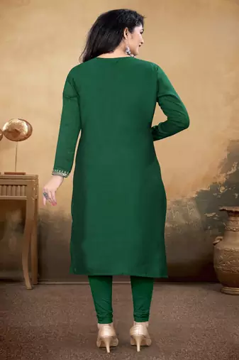 Green color vichitra silk blend round neck embroidered kurti