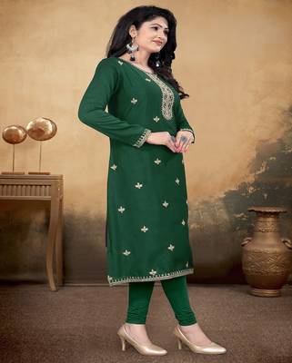 Green color vichitra silk blend round neck embroidered kurti 3