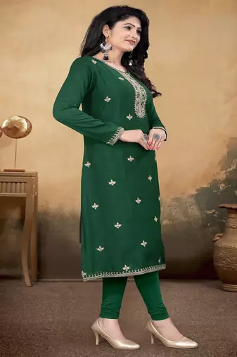 Green color vichitra silk blend round neck embroidered kurti