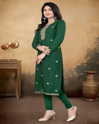 Green color vichitra silk blend round neck embroidered kurti 4