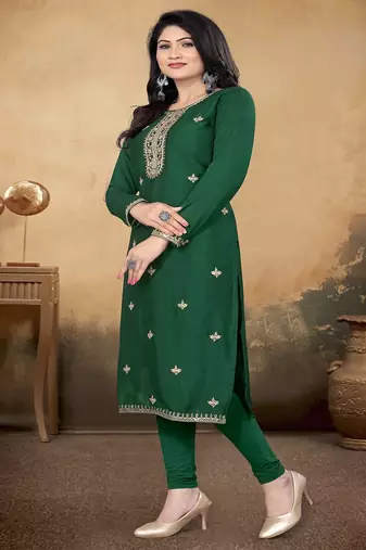 Green color vichitra silk blend round neck embroidered kurti