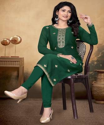 Green color vichitra silk blend round neck embroidered kurti 5