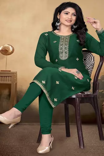 Green color vichitra silk blend round neck embroidered kurti