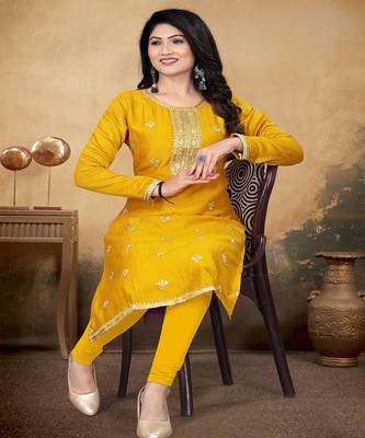 Musturd color vichitra silk blend round neck embroidered kurti 1