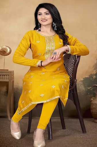 Musturd color vichitra silk blend round neck embroidered kurti