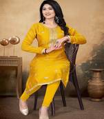 Musturd color vichitra silk blend round neck embroidered kurti