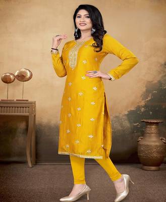 Musturd color vichitra silk blend round neck embroidered kurti 2