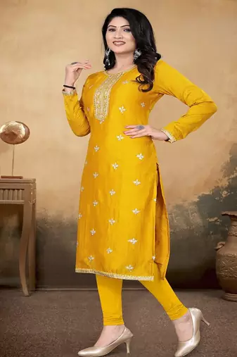 Musturd color vichitra silk blend round neck embroidered kurti
