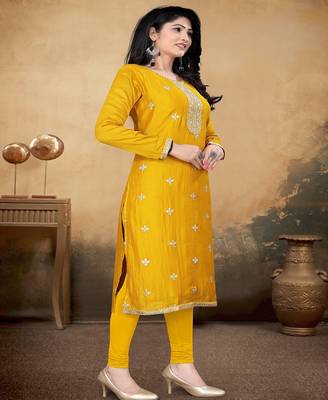 Musturd color vichitra silk blend round neck embroidered kurti 3