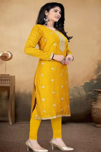 Musturd color vichitra silk blend round neck embroidered kurti