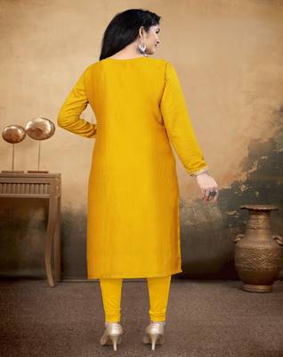 Musturd color vichitra silk blend round neck embroidered kurti 4