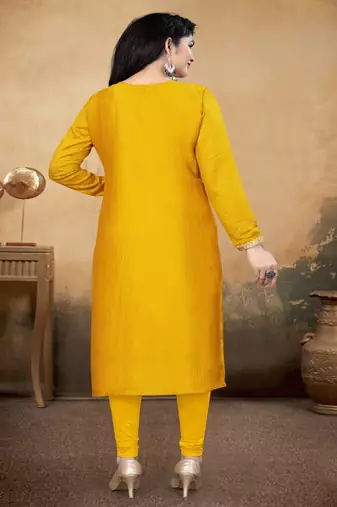 Musturd color vichitra silk blend round neck embroidered kurti