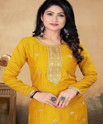 Musturd color vichitra silk blend round neck embroidered kurti 5