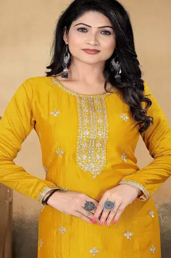 Musturd color vichitra silk blend round neck embroidered kurti