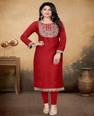 Maroon vichitra silk blend round neck embroidered kurti 1