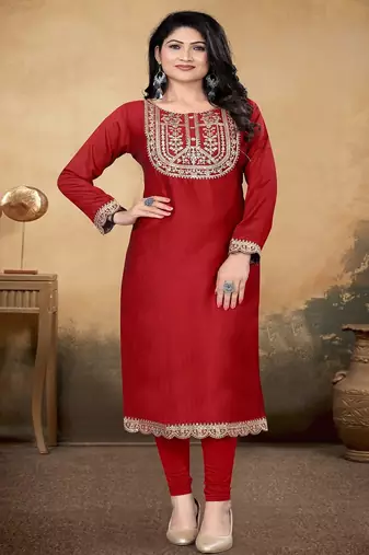 Maroon color vichitra silk blend round neck embroidered kurti