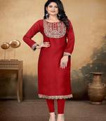 Maroon color vichitra silk blend round neck embroidered kurti