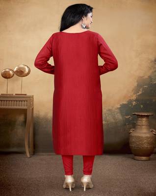 Maroon vichitra silk blend round neck embroidered kurti 2