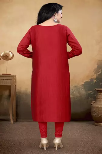 Maroon color vichitra silk blend round neck embroidered kurti