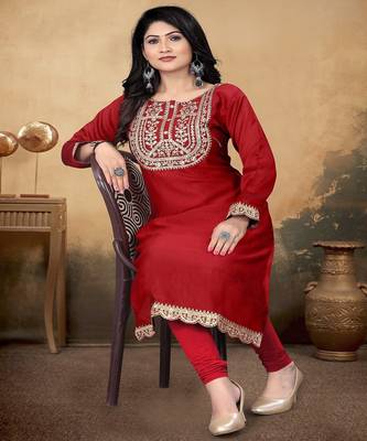 Maroon vichitra silk blend round neck embroidered kurti 3