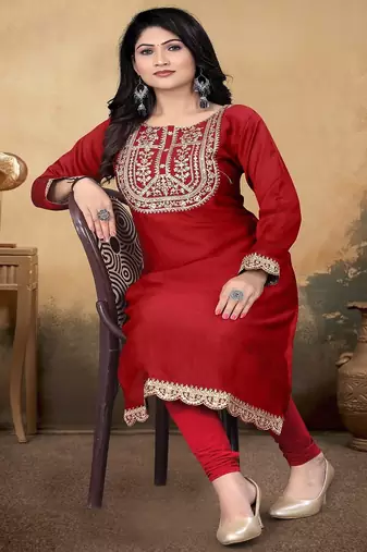 Maroon color vichitra silk blend round neck embroidered kurti