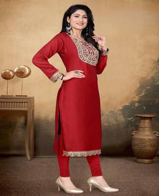 Maroon vichitra silk blend round neck embroidered kurti 4